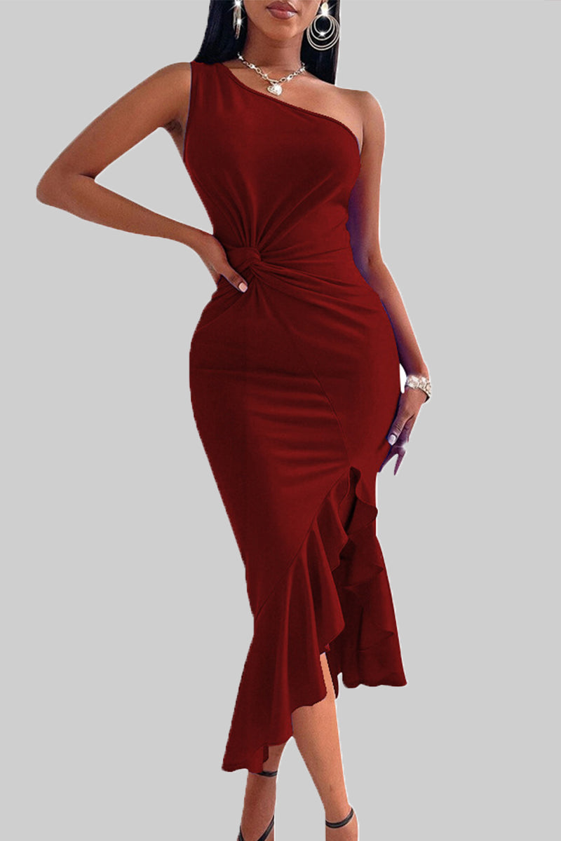 Sexy Solid Patchwork Flounce One Shoulder Irregular Dress Dresses Burgundy