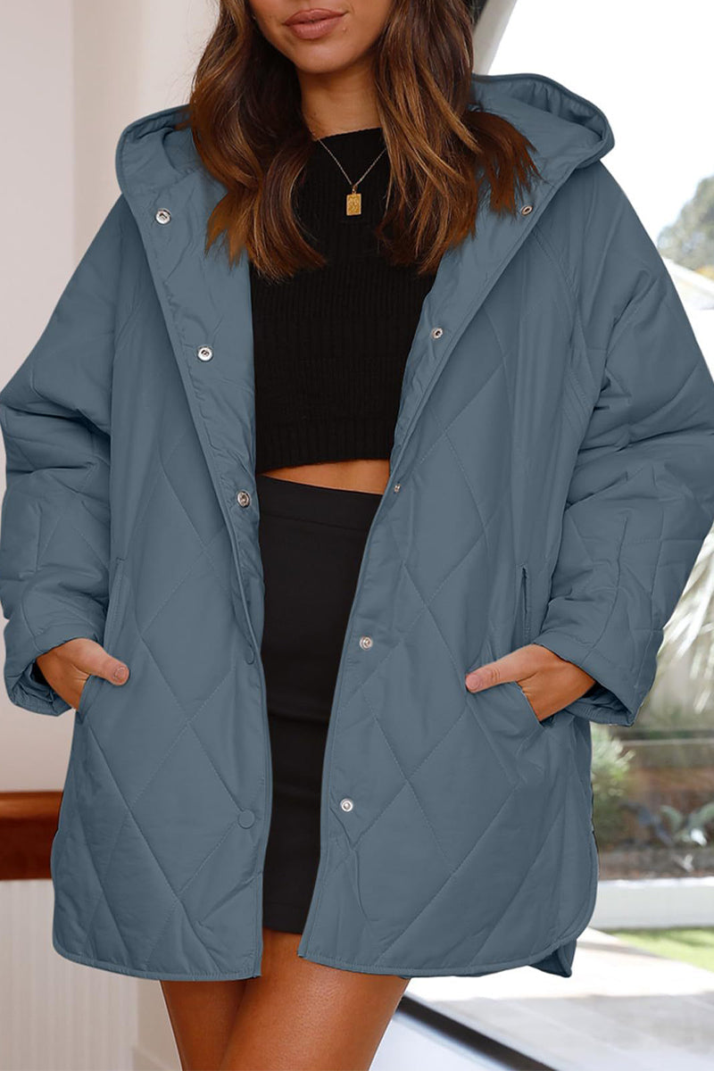 Casual Solid Pocket Hooded Collar Outerwear Blue