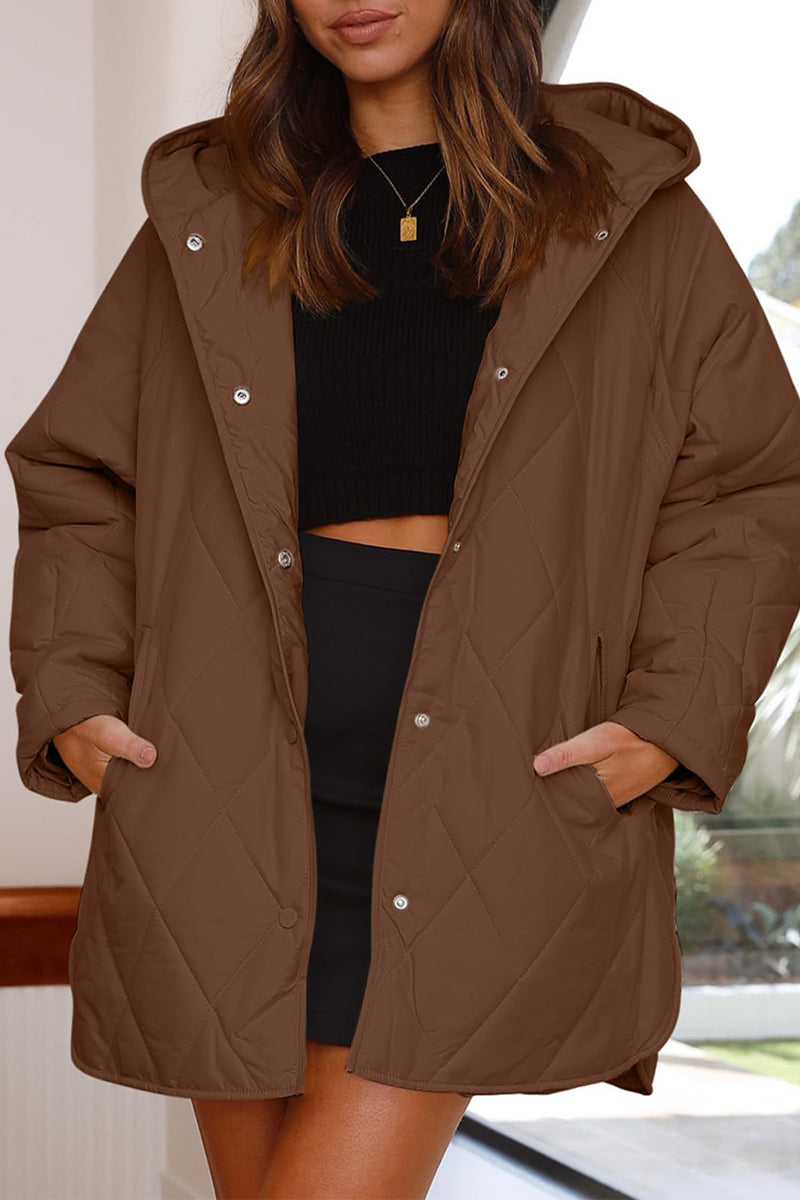 Casual Solid Pocket Hooded Collar Outerwear Brown