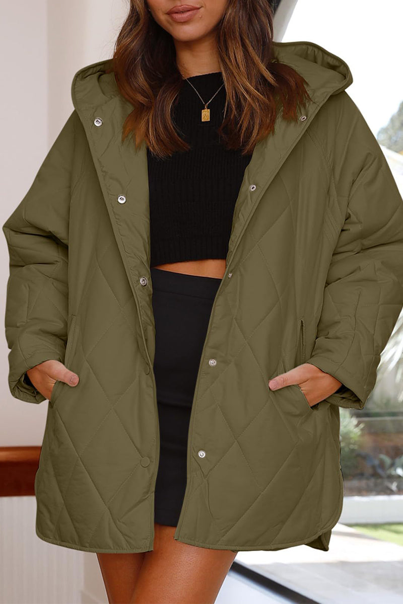 Casual Solid Pocket Hooded Collar Outerwear Army Green