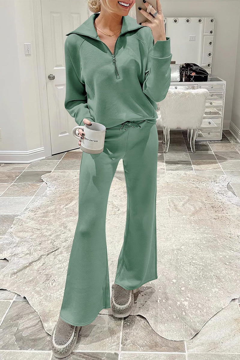 Casual Sportswear Solid Pocket Zipper Turndown Collar Long Sleeve Two Pieces Light Green