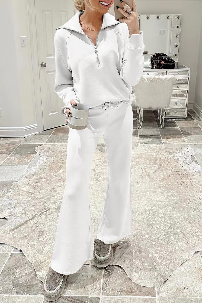 Casual Sportswear Solid Pocket Zipper Turndown Collar Long Sleeve Two Pieces White