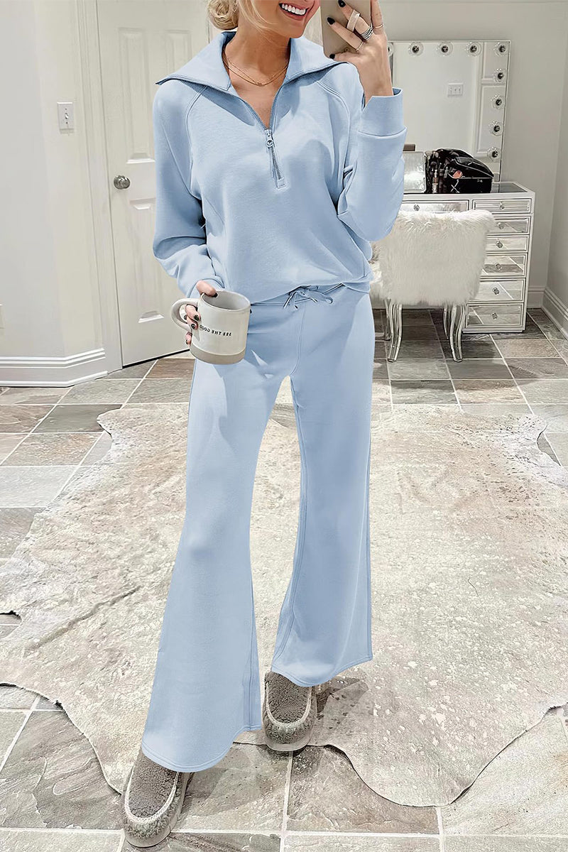 Casual Sportswear Solid Pocket Zipper Turndown Collar Long Sleeve Two Pieces Sky Blue