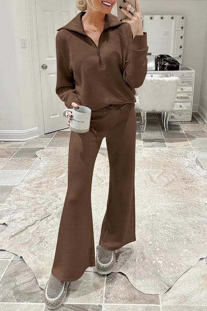 Casual Sportswear Solid Pocket Zipper Turndown Collar Long Sleeve Two Pieces Brown