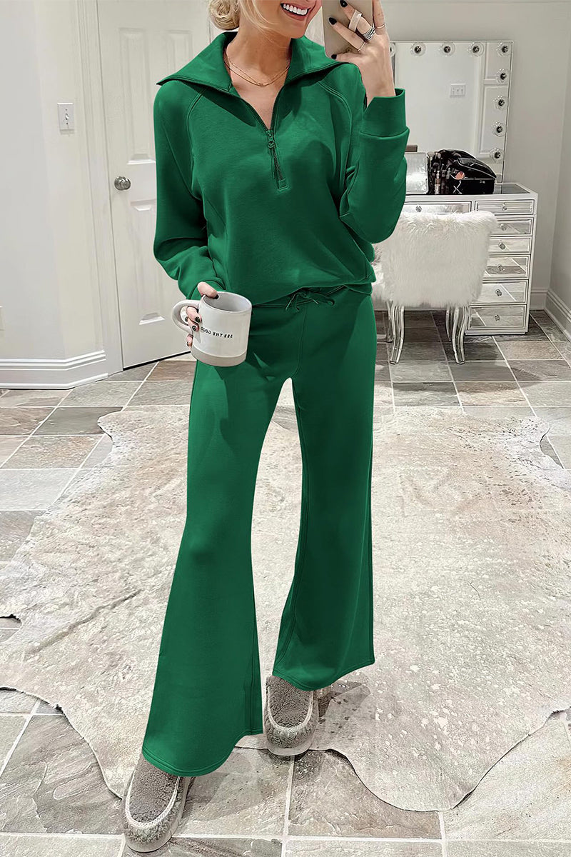 Casual Sportswear Solid Pocket Zipper Turndown Collar Long Sleeve Two Pieces Green