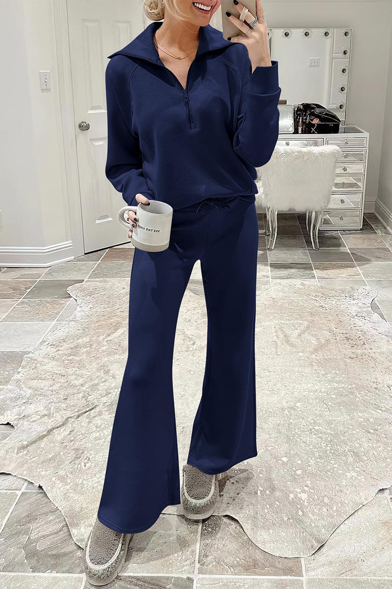 Casual Sportswear Solid Pocket Zipper Turndown Collar Long Sleeve Two Pieces Deep Blue