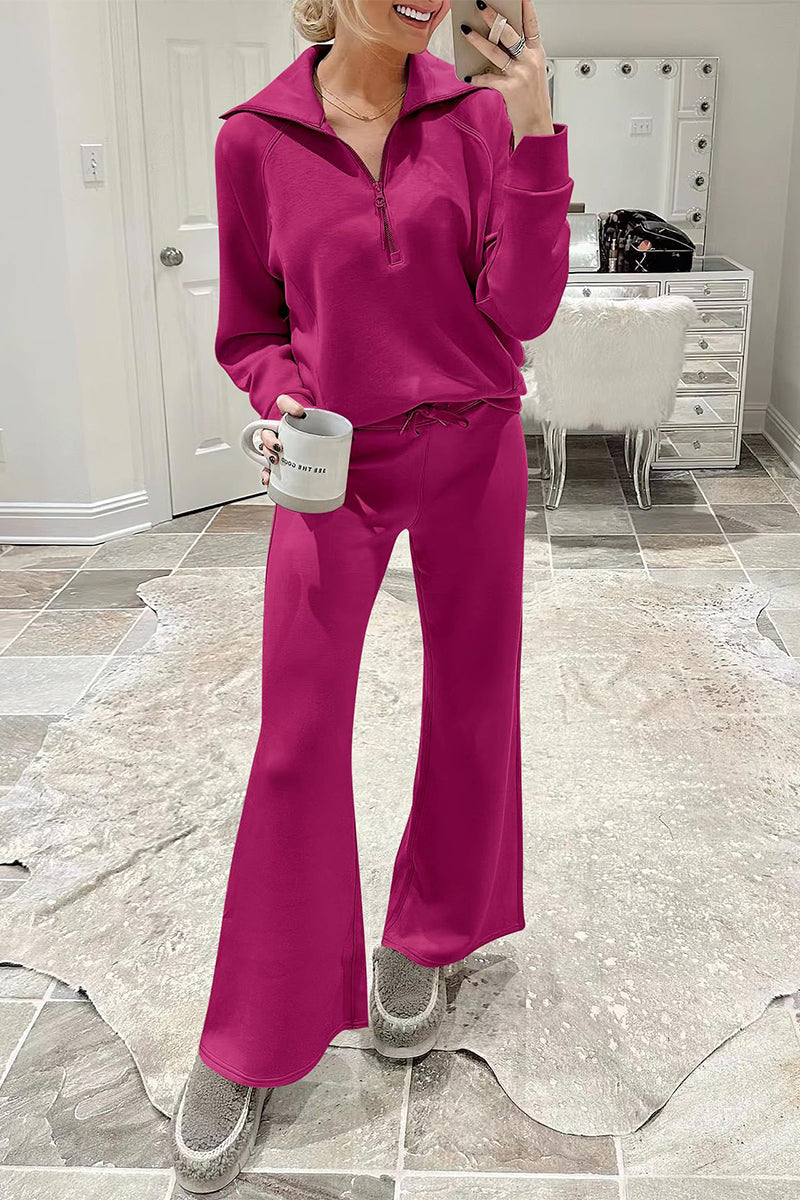 Casual Sportswear Solid Pocket Zipper Turndown Collar Long Sleeve Two Pieces Rose Red