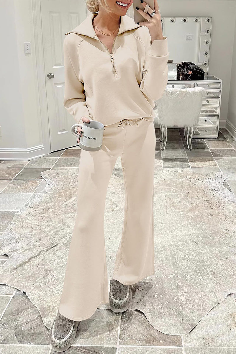 Casual Sportswear Solid Pocket Zipper Turndown Collar Long Sleeve Two Pieces Apricot