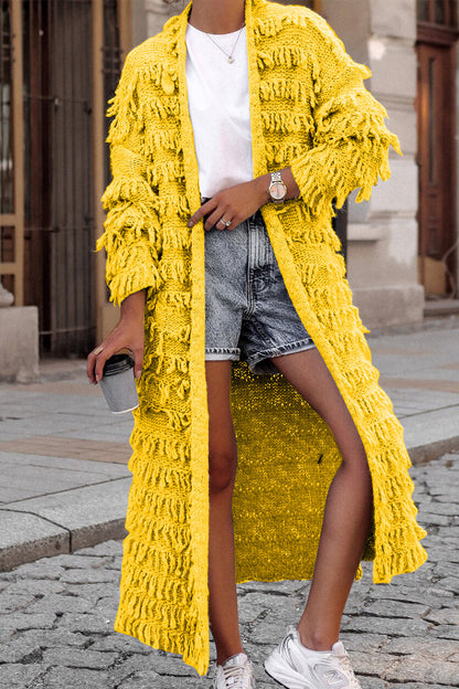 Sweet Solid Tassel Patchwork Cardigan Collar Outerwear Yellow