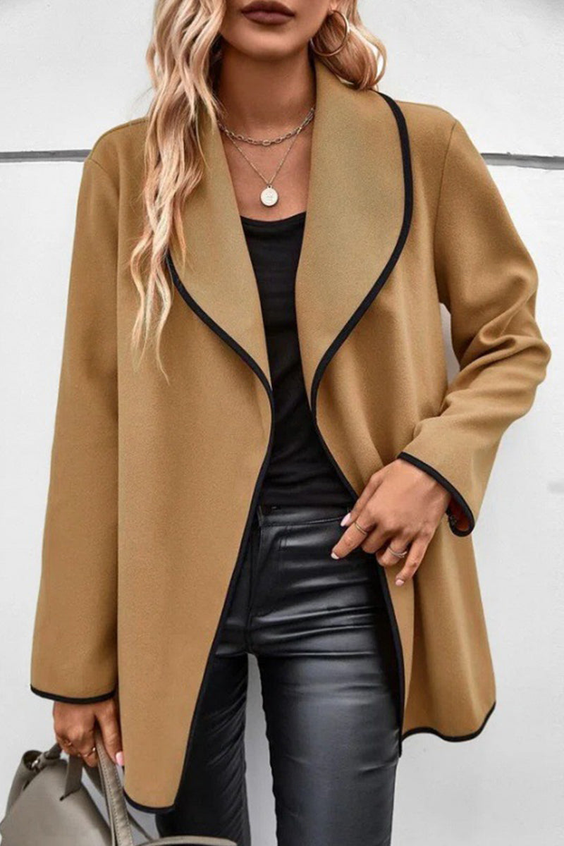 Casual Simplicity Solid Patchwork Turn-back Collar Outerwear Camel