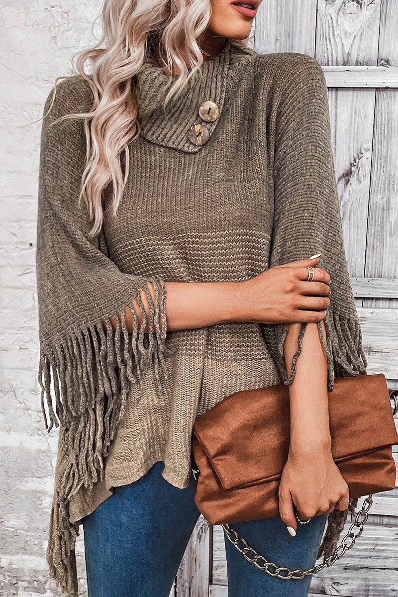 Casual Gradual Change Tassel Weave Turtleneck Tops Khaki