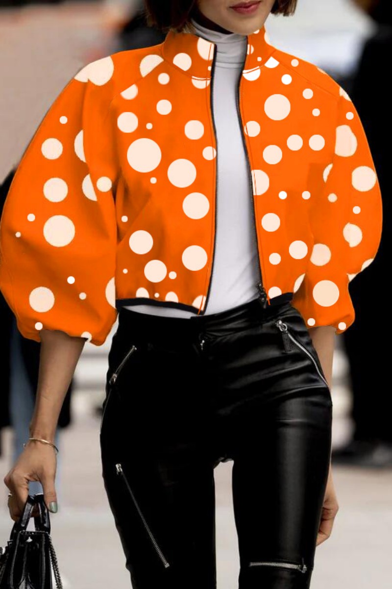 Casual Print Patchwork Mandarin Collar Outerwear Orange