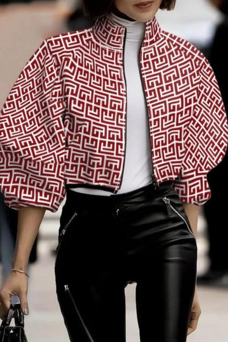 Casual Print Patchwork Mandarin Collar Outerwear Burgundy