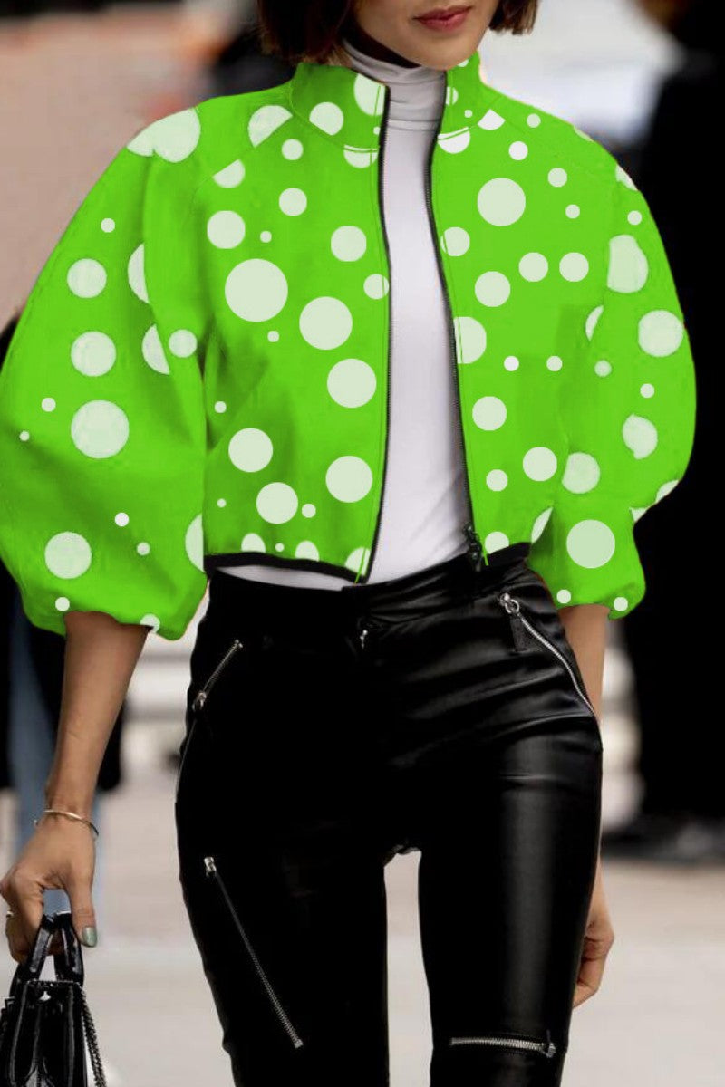 Casual Print Patchwork Mandarin Collar Outerwear Green