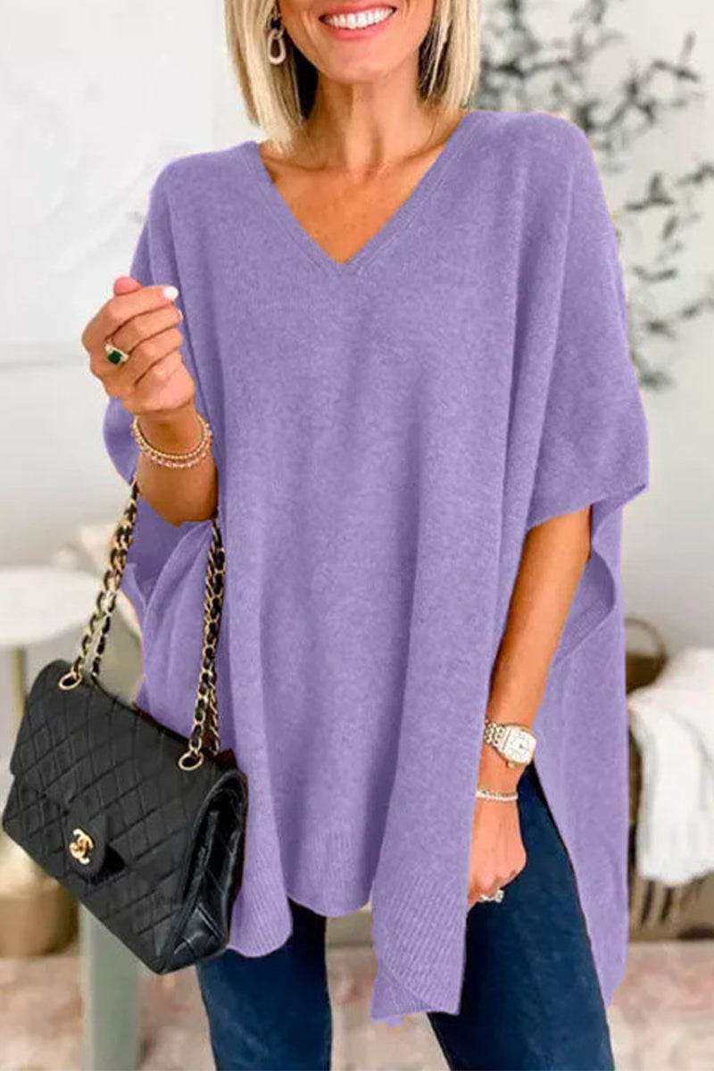 Casual Simplicity Solid Slit V Neck Tops Purple