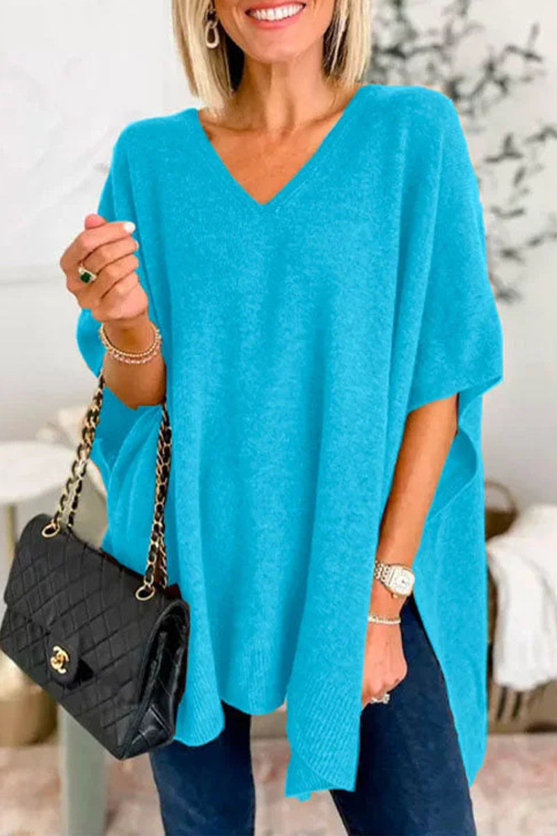 Casual Simplicity Solid Slit V Neck Tops Lake Blue