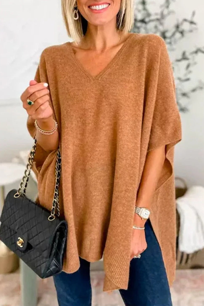 Casual Simplicity Solid Slit V Neck Tops Camel