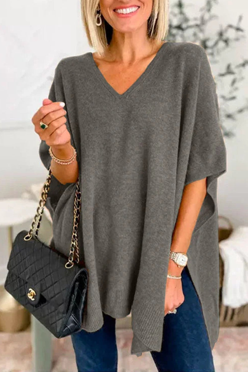 Casual Simplicity Solid Slit V Neck Tops Dark Gray