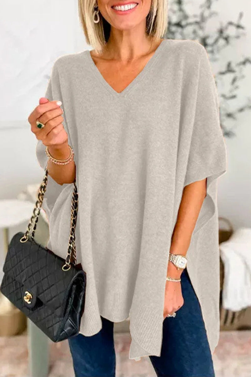 Casual Simplicity Solid Slit V Neck Tops Light Gray