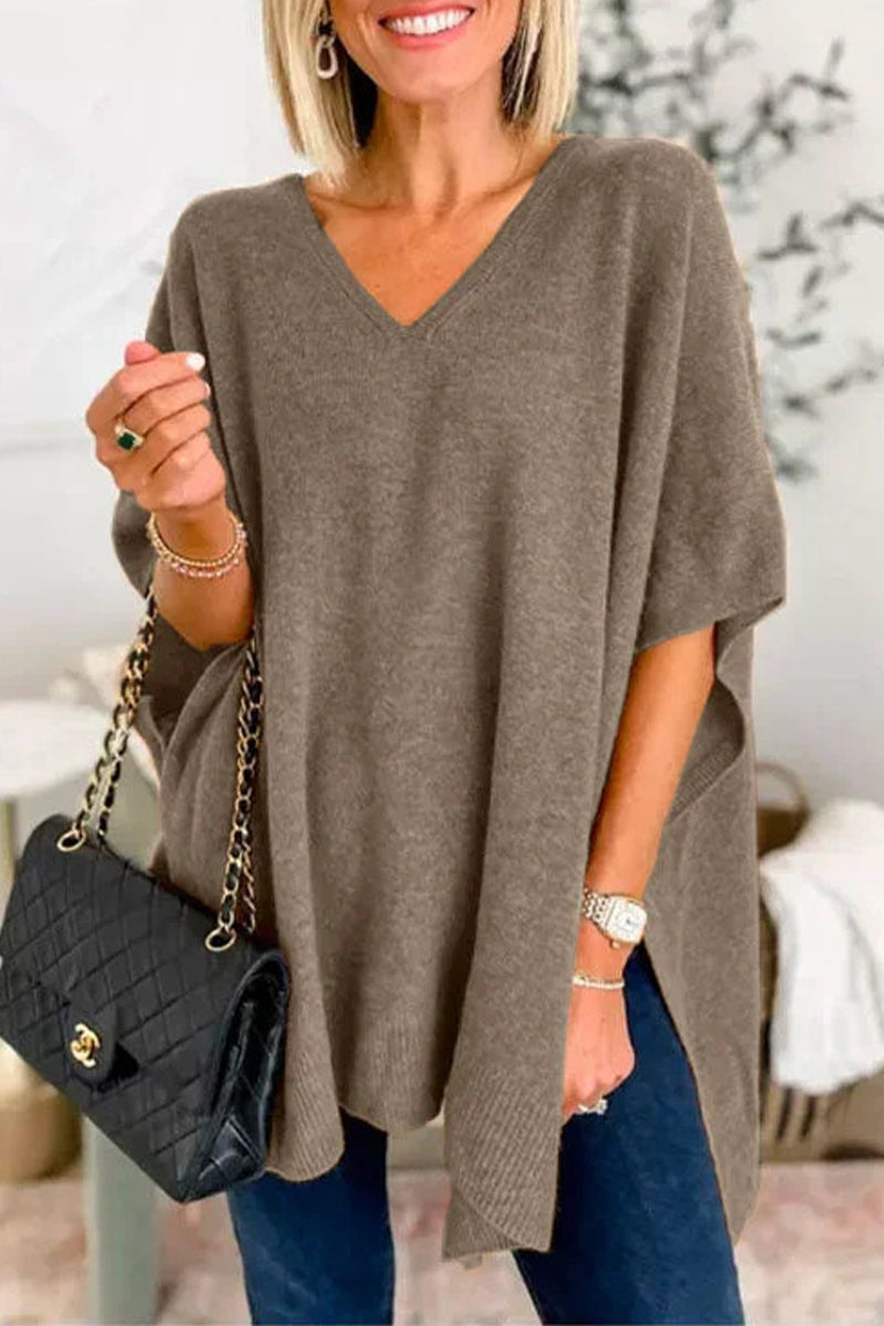 Casual Simplicity Solid Slit V Neck Tops Coffee