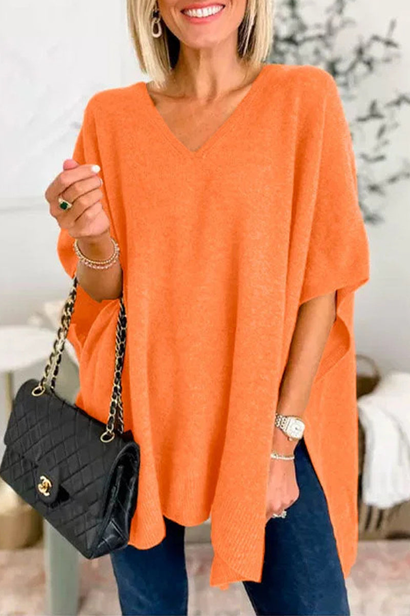 Casual Simplicity Solid Slit V Neck Tops Tangerine Red