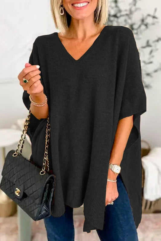 Casual Simplicity Solid Slit V Neck Tops Black