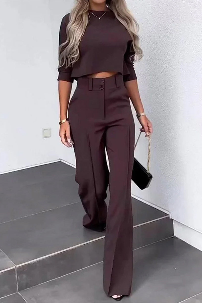 Casual Solid Pocket Half A Turtleneck Half Sleeve Two Pieces Brownness