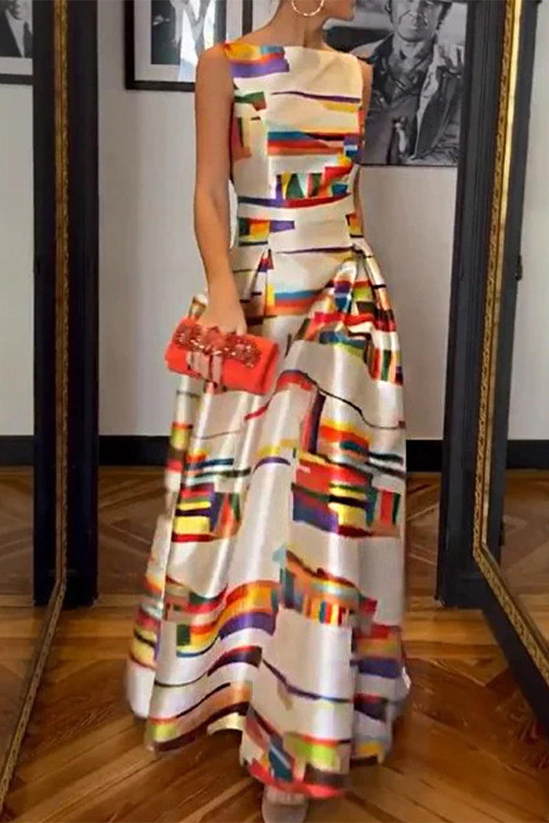 Elegant Geometric Printing O Neck A Line Dresses Colour