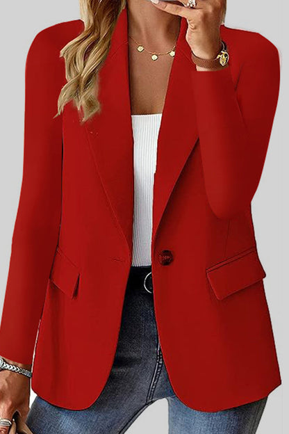 Casual Solid Cardigan Turn-back Collar Outerwear Red