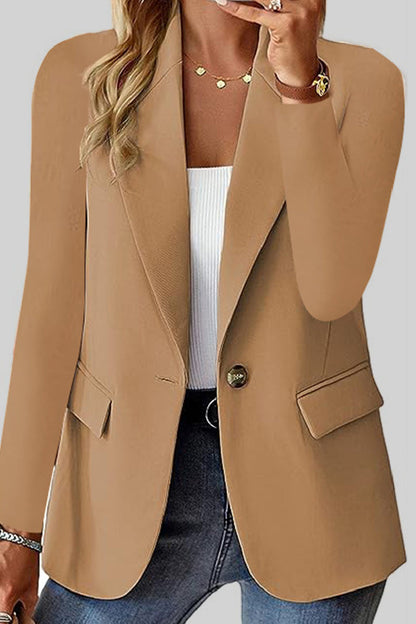 Casual Solid Cardigan Turn-back Collar Outerwear Khaki