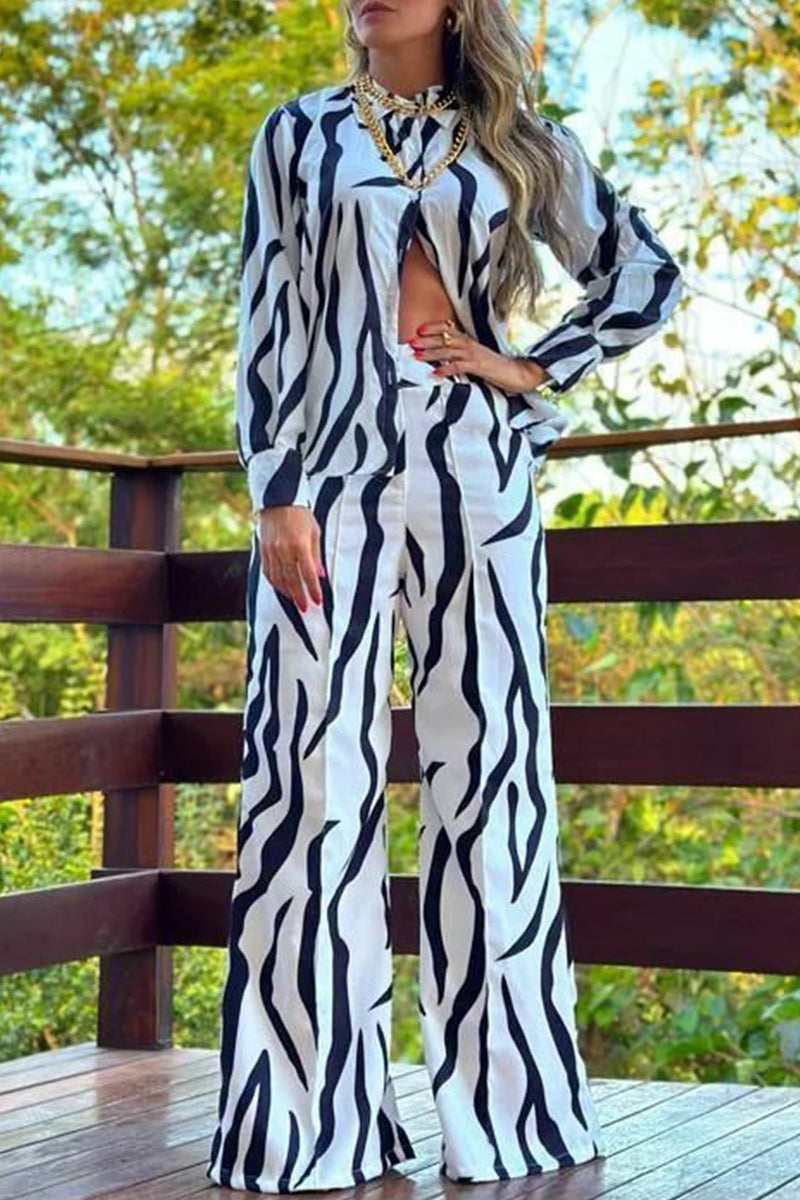 Casual Print Bandage Patchwork Pocket O Neck Long Sleeve Two Pieces Zebra