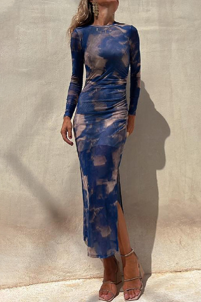 Casual Vintage Gradual Change Print See-through O Neck Long Sleeve Dresses Blue