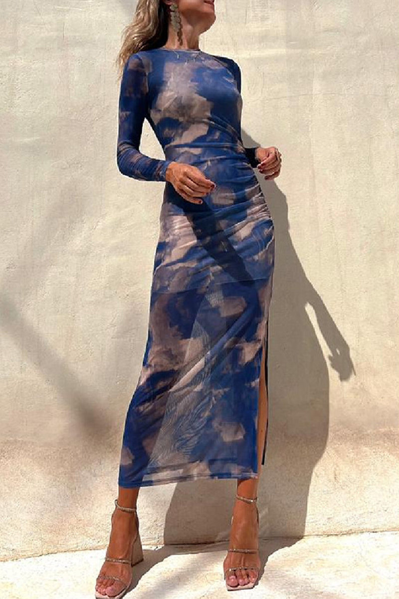 Casual Vintage Gradual Change Print See-through O Neck Long Sleeve Dresses