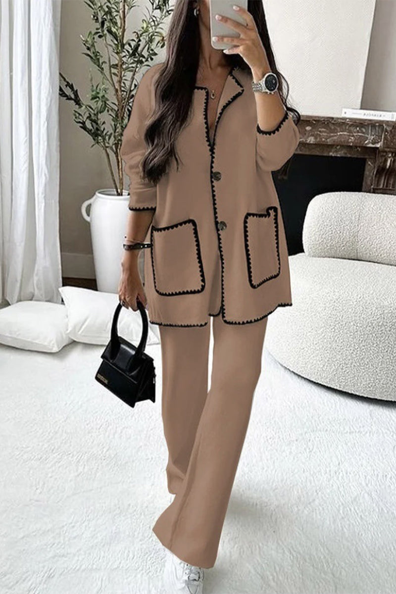 Casual Solid Pocket O Neck Long Sleeve Two Pieces Camel