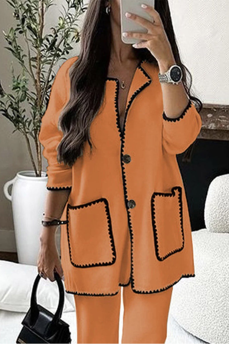 Casual Solid Pocket O Neck Long Sleeve Two Pieces Tangerine