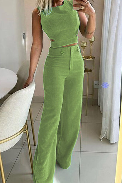 Casual Simplicity Solid Buttons O Neck Sleeveless Two Pieces Green