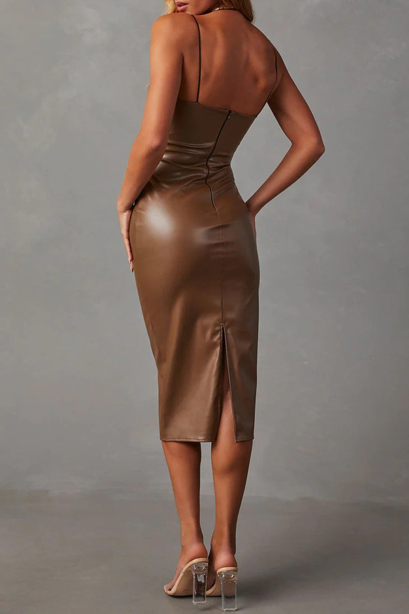 Sexy Solid Backless Slit U Neck Sling Dress Dresses