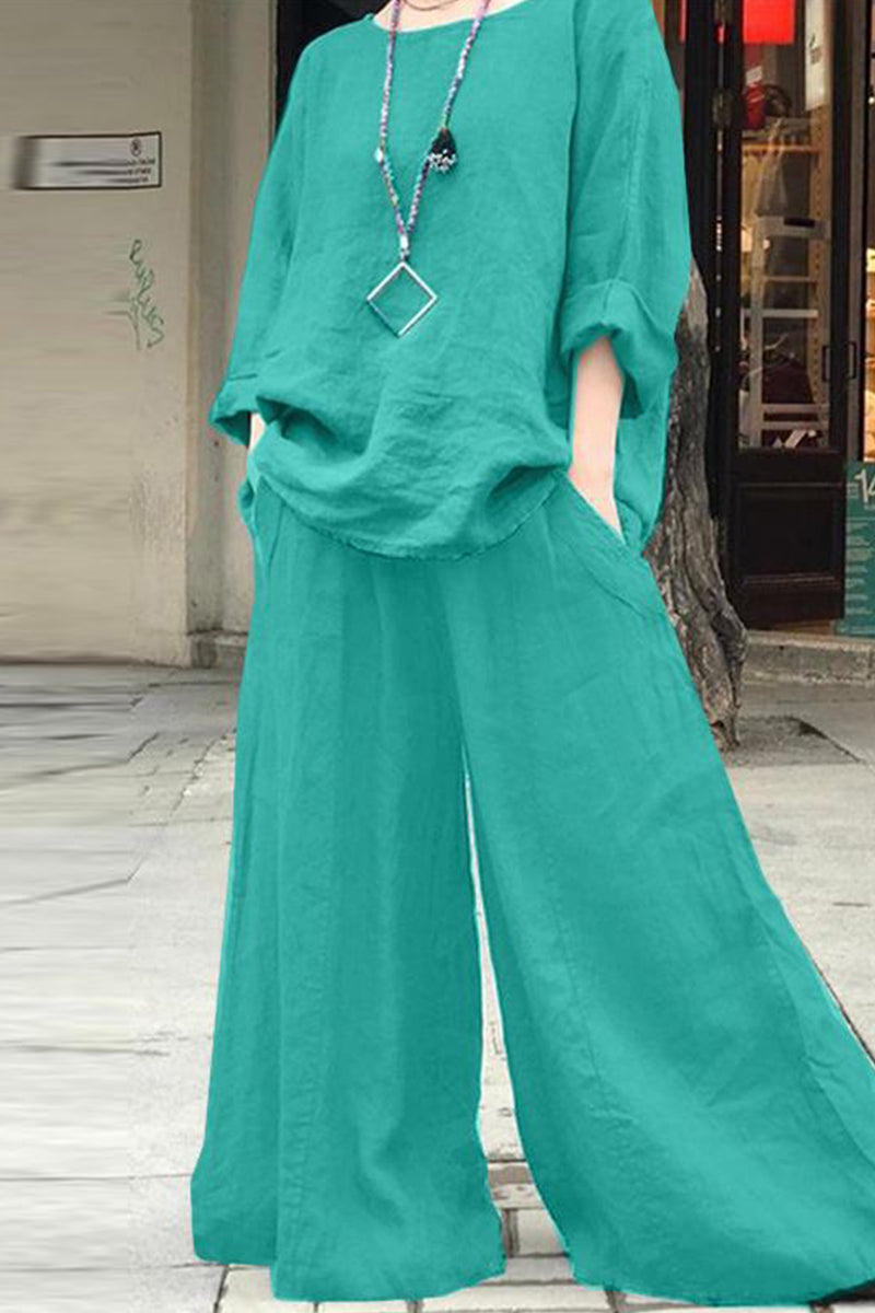 Casual Simplicity Solid Pocket O Neck Long Sleeve Two Pieces Green