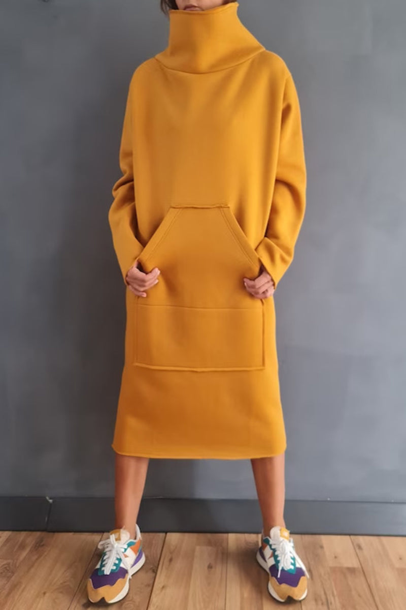 Casual Solid Pocket Turtleneck Long Sleeve Dresses Yellow