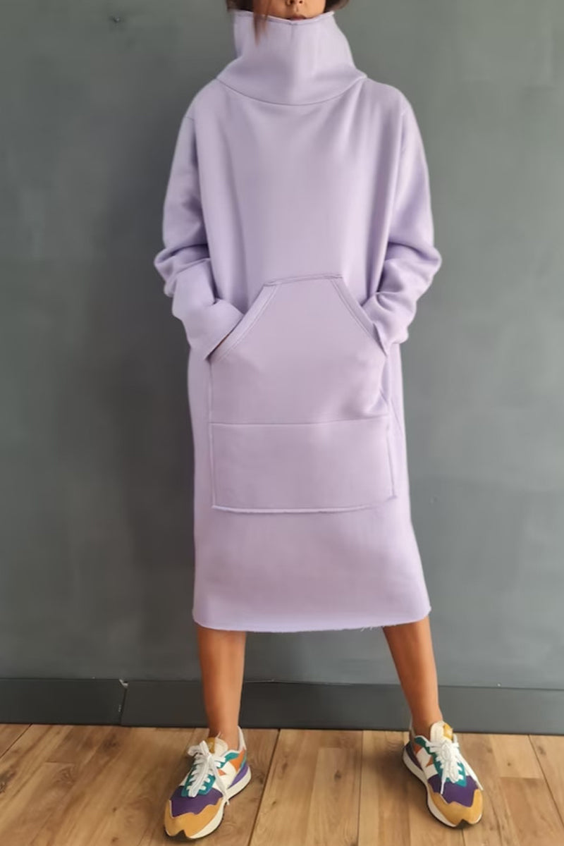 Casual Solid Pocket Turtleneck Long Sleeve Dresses Purple