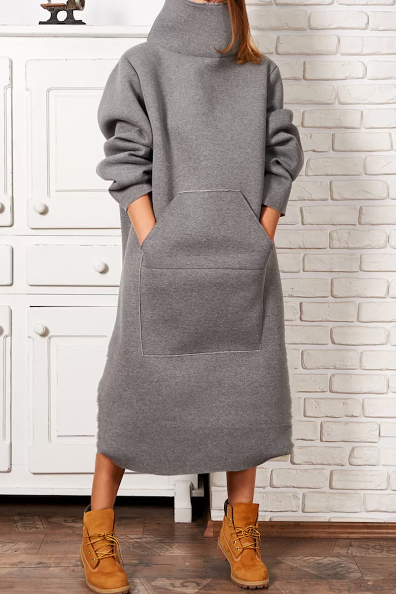 Casual Solid Pocket Turtleneck Long Sleeve Dresses Grey