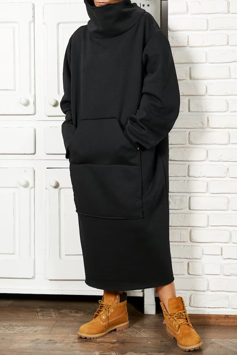 Casual Solid Pocket Turtleneck Long Sleeve Dresses Black