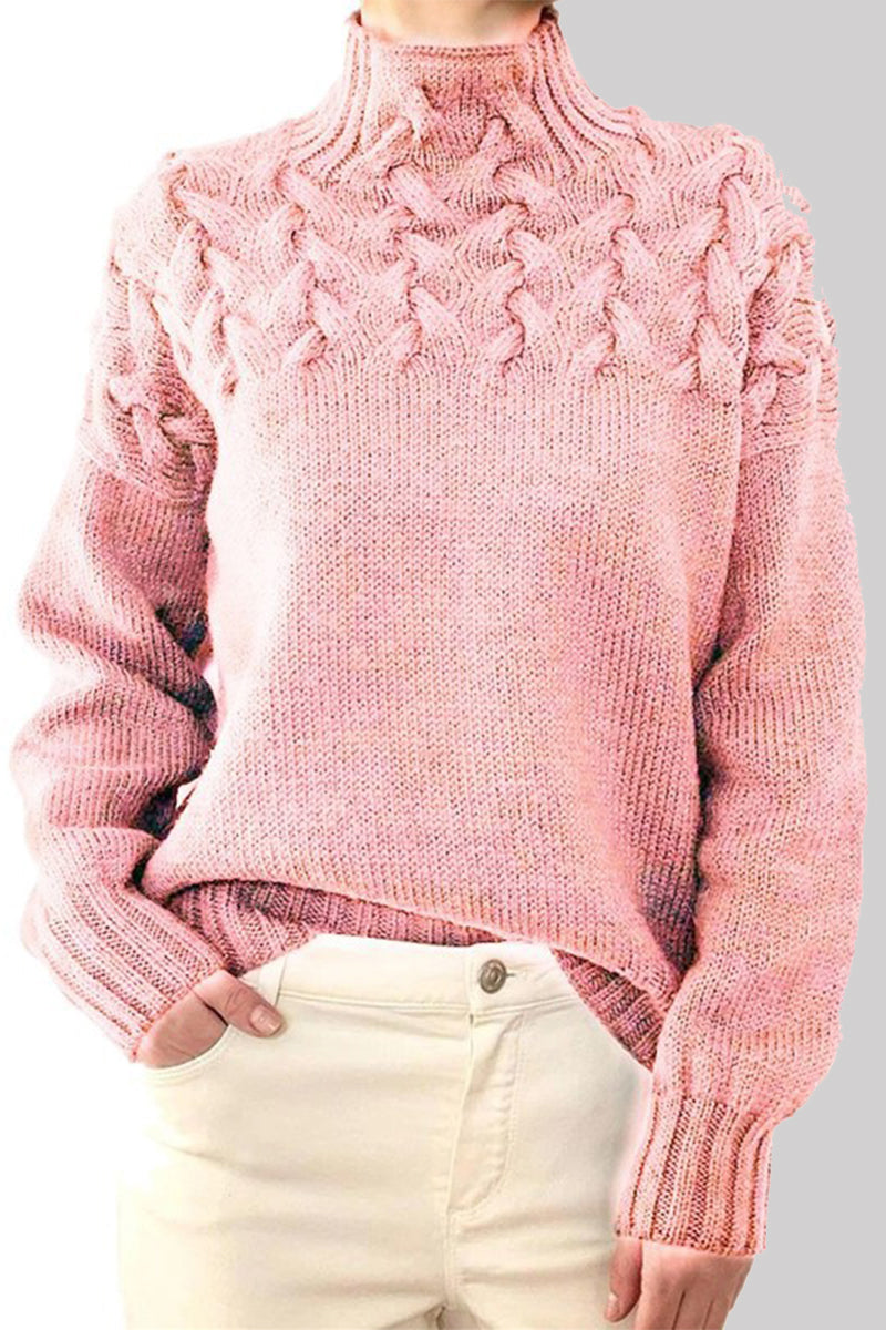 Casual Solid Weave Turtleneck Tops