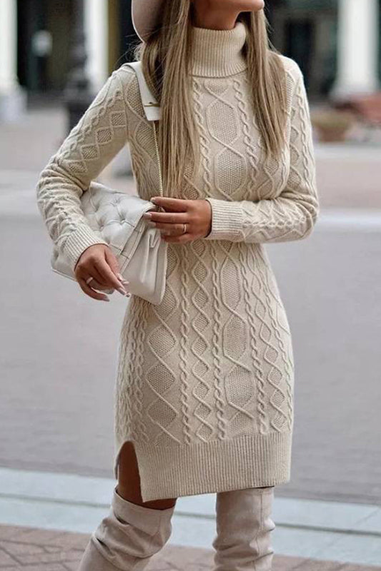 Elegant Solid Slit Weave Turtleneck Long Sleeve Dresses Apricot