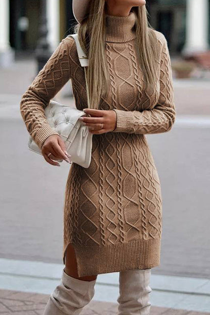 Elegant Solid Slit Weave Turtleneck Long Sleeve Dresses Khaki