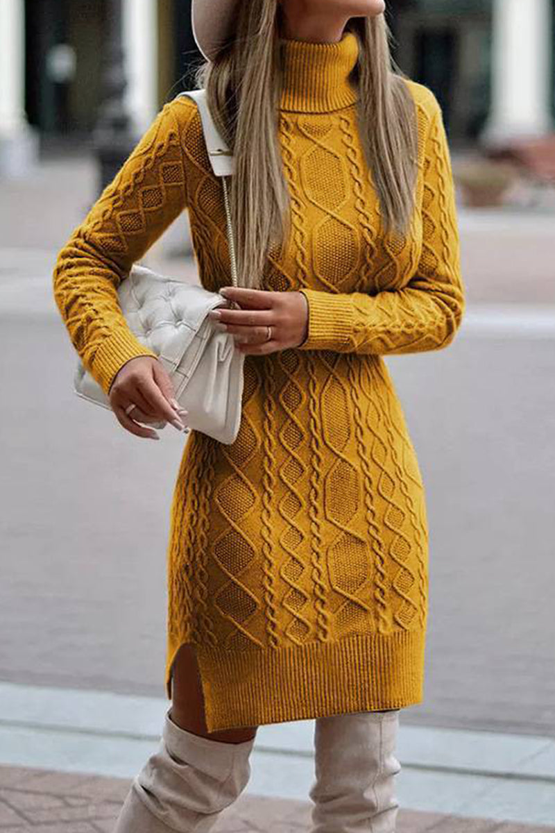 Elegant Solid Slit Weave Turtleneck Long Sleeve Dresses Ginger