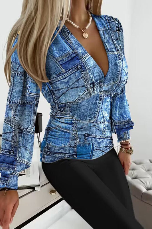 Casual Print Patchwork V Neck Tops The cowboy blue