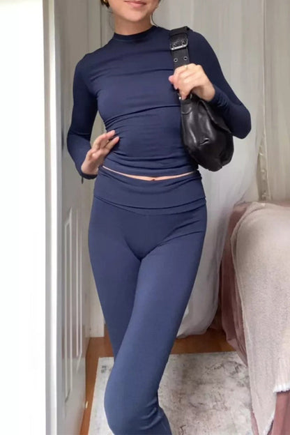 Casual Simplicity Solid O Neck Long Sleeve Two Pieces Dark Blue