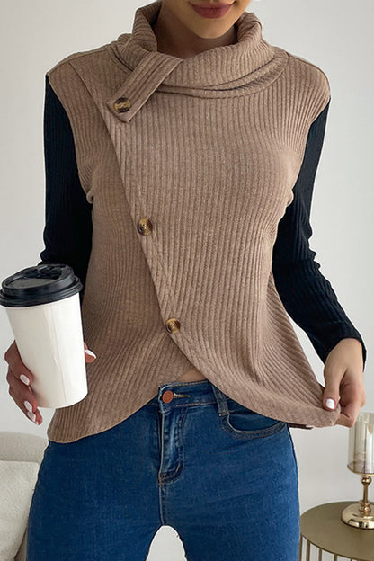 Casual Solid Buttons Asymmetrical Turtleneck Tops Khaki