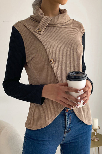 Casual Solid Buttons Asymmetrical Turtleneck Tops